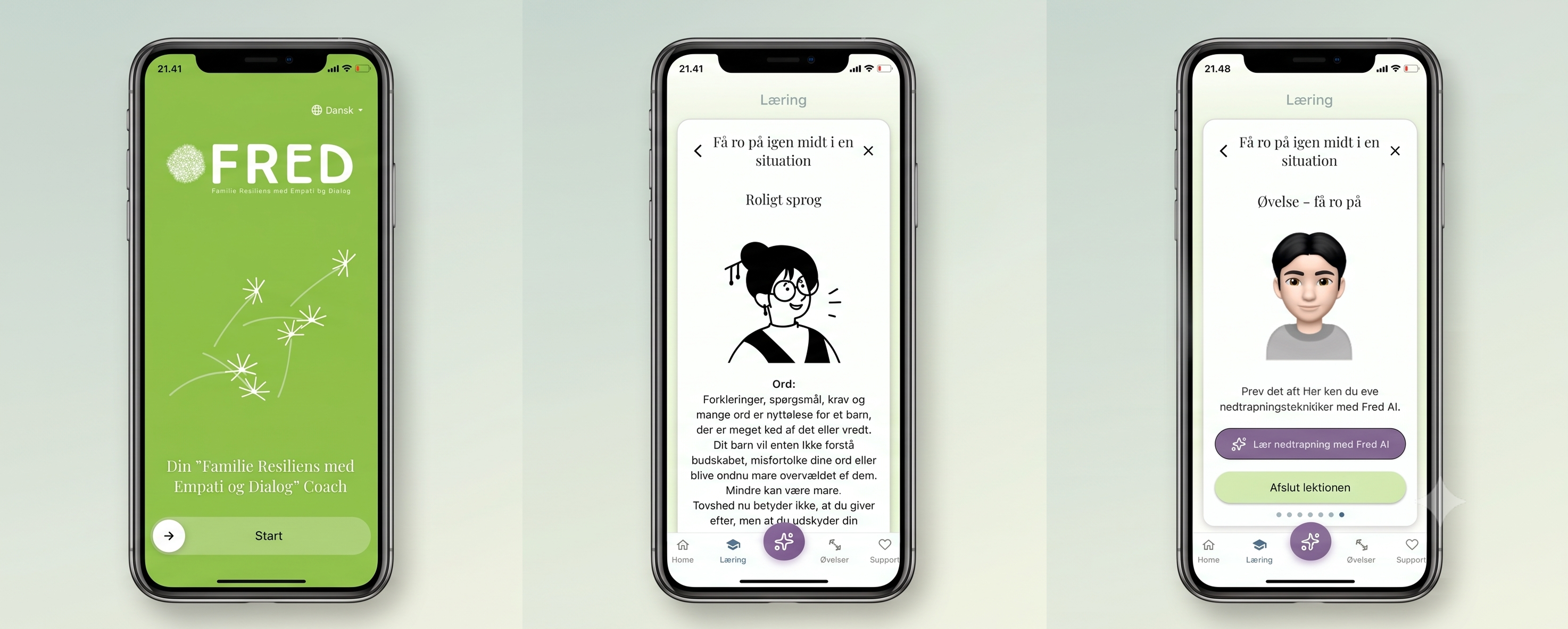 Viser tre skærme med interface fra App'en FRED. Første er med Logo og titlen FRED. Andet er med en illustration af en kvinde, der taler. Tredje er med en animeret AI-avatar